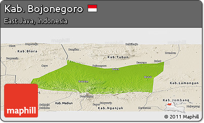 Physical Panoramic Map of Kab. Bojonegoro, shaded relief outside