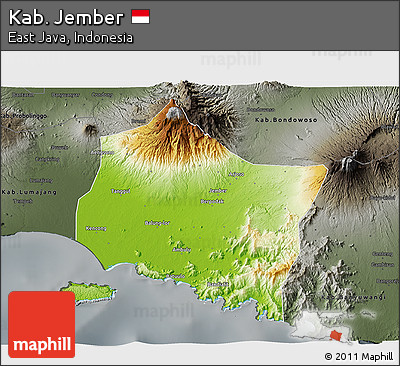 Physical 3D Map of Kab. Jember, darken, semi-desaturated