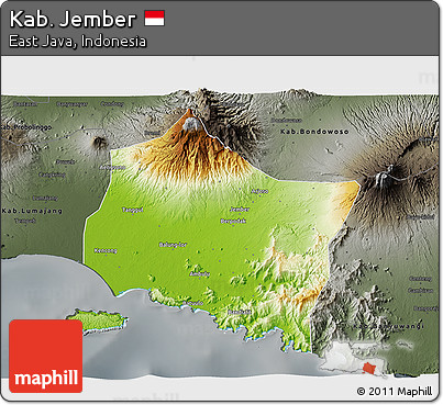 Physical 3D Map of Kab. Jember, darken, semi-desaturated