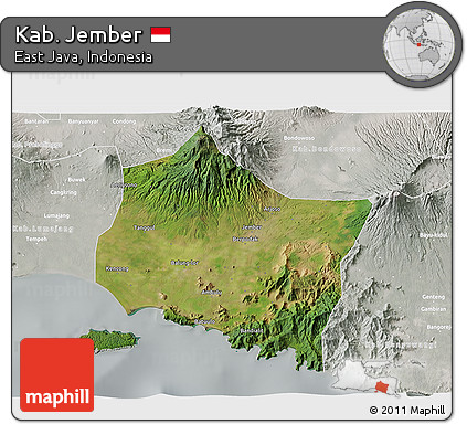 Satellite 3D Map of Kab. Jember, lighten, semi-desaturated