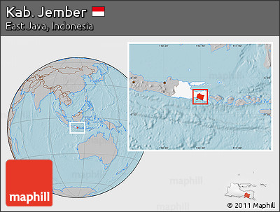Gray Location Map of Kab. Jember, highlighted parent region, hill shading