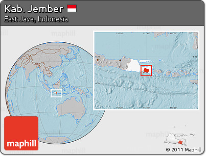 Gray Location Map of Kab. Jember, highlighted parent region, hill shading