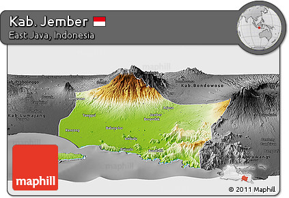 Physical Panoramic Map of Kab. Jember, darken, desaturated