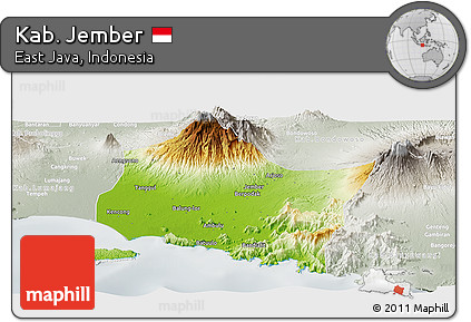 Physical Panoramic Map of Kab. Jember, lighten, semi-desaturated