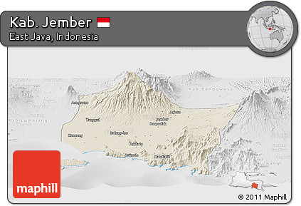 Shaded Relief Panoramic Map of Kab. Jember, lighten, desaturated
