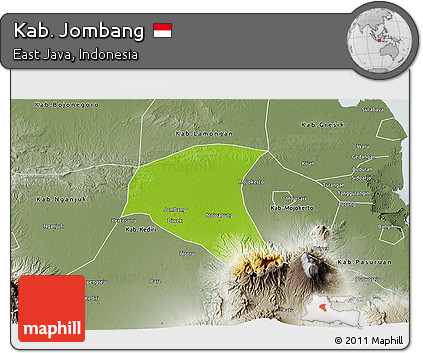 Physical 3D Map of Kab. Jombang, semi-desaturated