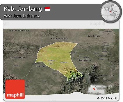 Satellite 3D Map of Kab. Jombang, darken, semi-desaturated