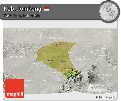 Satellite 3D Map of Kab. Jombang, lighten, semi-desaturated
