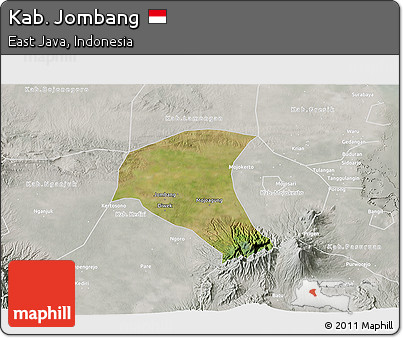 Satellite 3D Map of Kab. Jombang, lighten, semi-desaturated