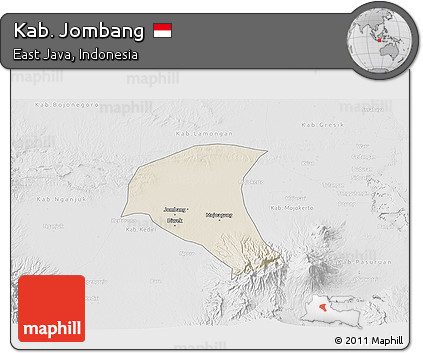 Shaded Relief 3D Map of Kab. Jombang, lighten, desaturated