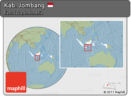 Savanna Style Location Map of Kab. Jombang, highlighted country, highlighted parent region, within the entire country, hill shading