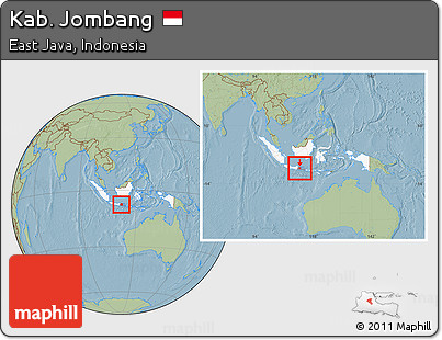 Savanna Style Location Map of Kab. Jombang, highlighted country, highlighted parent region, within the entire country, hill shading