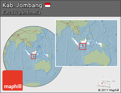 Savanna Style Location Map of Kab. Jombang, highlighted country, highlighted parent region, within the entire country, hill shading