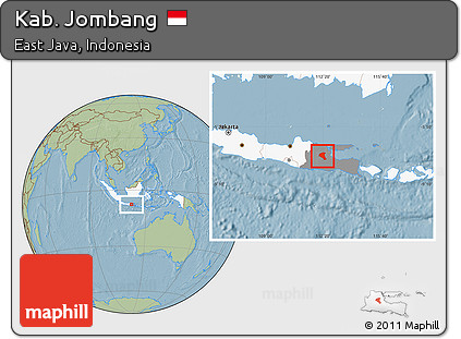 Savanna Style Location Map of Kab. Jombang, highlighted country, highlighted parent region, hill shading