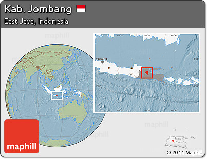 Savanna Style Location Map of Kab. Jombang, highlighted country, highlighted parent region, hill shading
