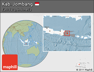 Savanna Style Location Map of Kab. Jombang, highlighted country, highlighted parent region, hill shading