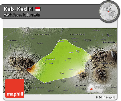 Physical 3D Map of Kab. Kediri, darken, semi-desaturated