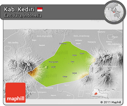 Physical 3D Map of Kab. Kediri, lighten, desaturated