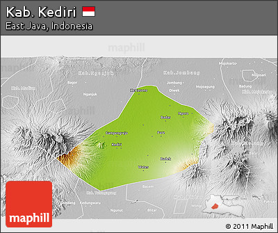 Physical 3D Map of Kab. Kediri, lighten, desaturated