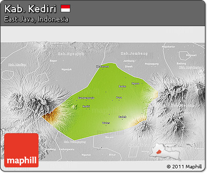 Physical 3D Map of Kab. Kediri, lighten, desaturated