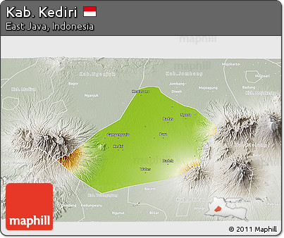 Physical 3D Map of Kab. Kediri, lighten, semi-desaturated