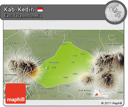 Physical 3D Map of Kab. Kediri, semi-desaturated