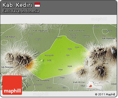 Physical 3D Map of Kab. Kediri, semi-desaturated