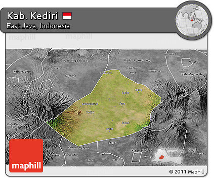 Satellite 3D Map of Kab. Kediri, desaturated