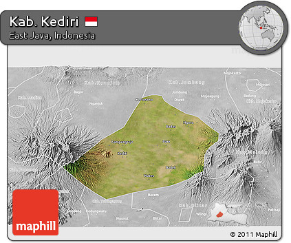 Satellite 3D Map of Kab. Kediri, lighten, desaturated