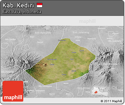 Satellite 3D Map of Kab. Kediri, lighten, desaturated