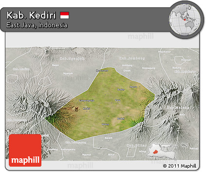 Satellite 3D Map of Kab. Kediri, lighten, semi-desaturated
