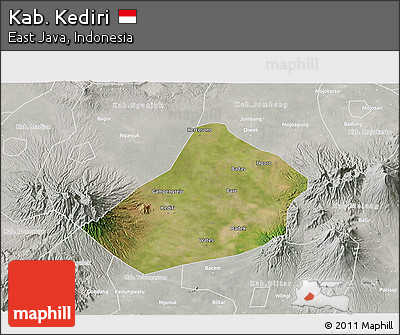 Satellite 3D Map of Kab. Kediri, lighten, semi-desaturated