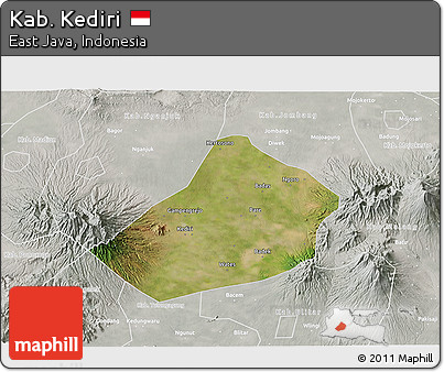 Satellite 3D Map of Kab. Kediri, lighten, semi-desaturated