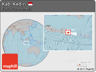 Gray Location Map of Kab. Kediri, highlighted parent region, hill shading