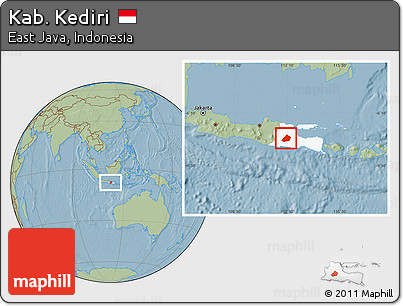 Savanna Style Location Map of Kab. Kediri, highlighted parent region, hill shading