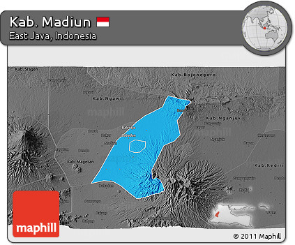Political 3D Map of Kab. Madiun, darken, desaturated