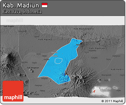 Political 3D Map of Kab. Madiun, darken, desaturated