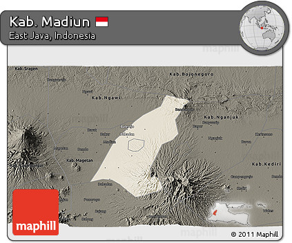 Shaded Relief 3D Map of Kab. Madiun, darken