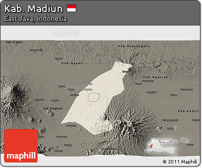 Shaded Relief 3D Map of Kab. Madiun, darken