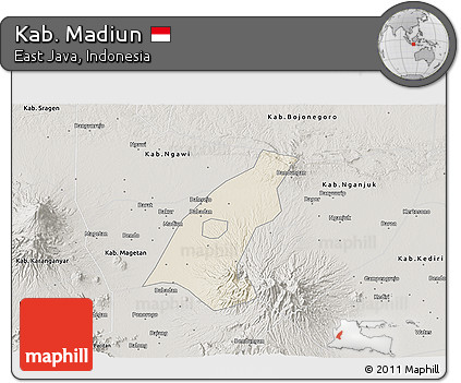 Shaded Relief 3D Map of Kab. Madiun, semi-desaturated