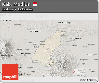 Shaded Relief 3D Map of Kab. Madiun, semi-desaturated
