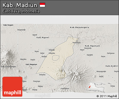 Shaded Relief 3D Map of Kab. Madiun, semi-desaturated