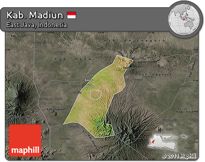 Satellite Map of Kab. Madiun, darken, semi-desaturated