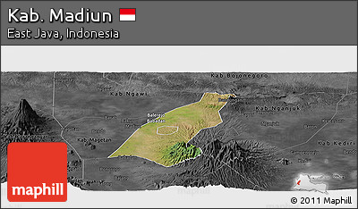 Satellite Panoramic Map of Kab. Madiun, darken, desaturated