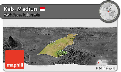 Satellite Panoramic Map of Kab. Madiun, darken, desaturated