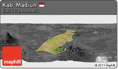 Satellite Panoramic Map of Kab. Madiun, darken, desaturated