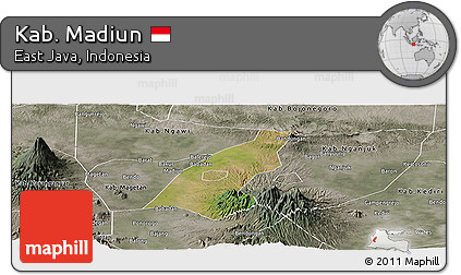Satellite Panoramic Map of Kab. Madiun, semi-desaturated