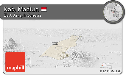 Shaded Relief Panoramic Map of Kab. Madiun, lighten, desaturated