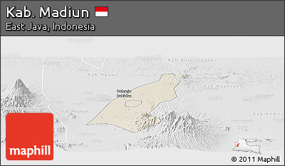 Shaded Relief Panoramic Map of Kab. Madiun, lighten, desaturated