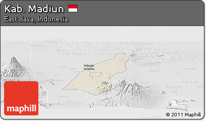 Shaded Relief Panoramic Map of Kab. Madiun, lighten, desaturated